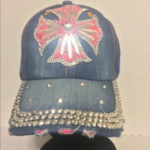 ♥️ Denim Rhinestone Bling Hat Pink Cross